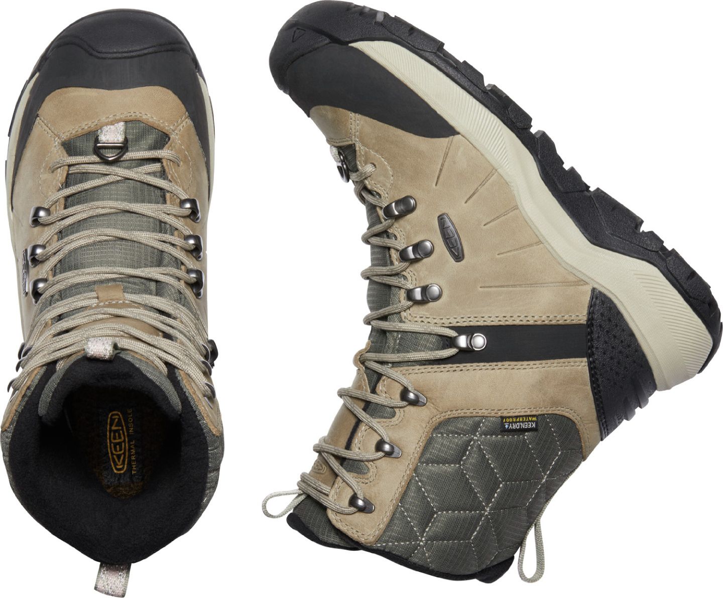 Hiking boots in earth tone with black rubber soles and toe caps, featuring laces and metal eyelets.