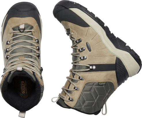 Hiking boots in earth tone with black rubber soles and toe caps, featuring laces and metal eyelets.