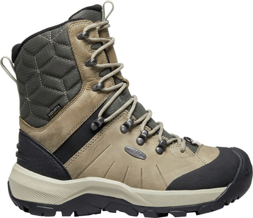 High top boot with tan leather and padded green shaft, laces and black accents.
