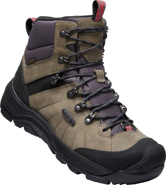High top lace up boot in gray and black with a waterproof exterior and treaded sole.