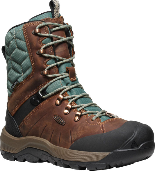 A high-cut, brown-and-green waterproof boot with lace-up closure, rugged outsole and toe cap.