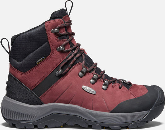 High-top hiking boot with red leather, black fabric, dark gray sole, and lace-up closure.