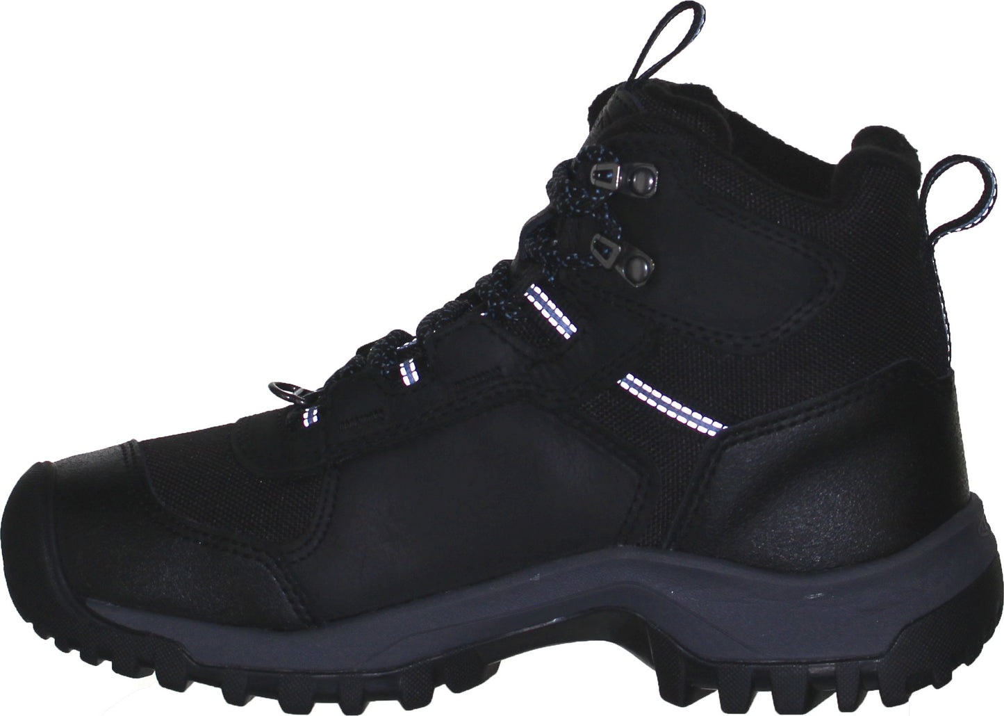 Black hiking boot with reflective accents.