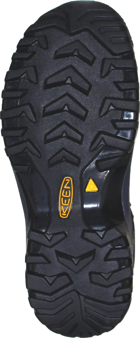 Close-up of a black shoe sole with a pattern of triangular treads and a yellow brand logo.