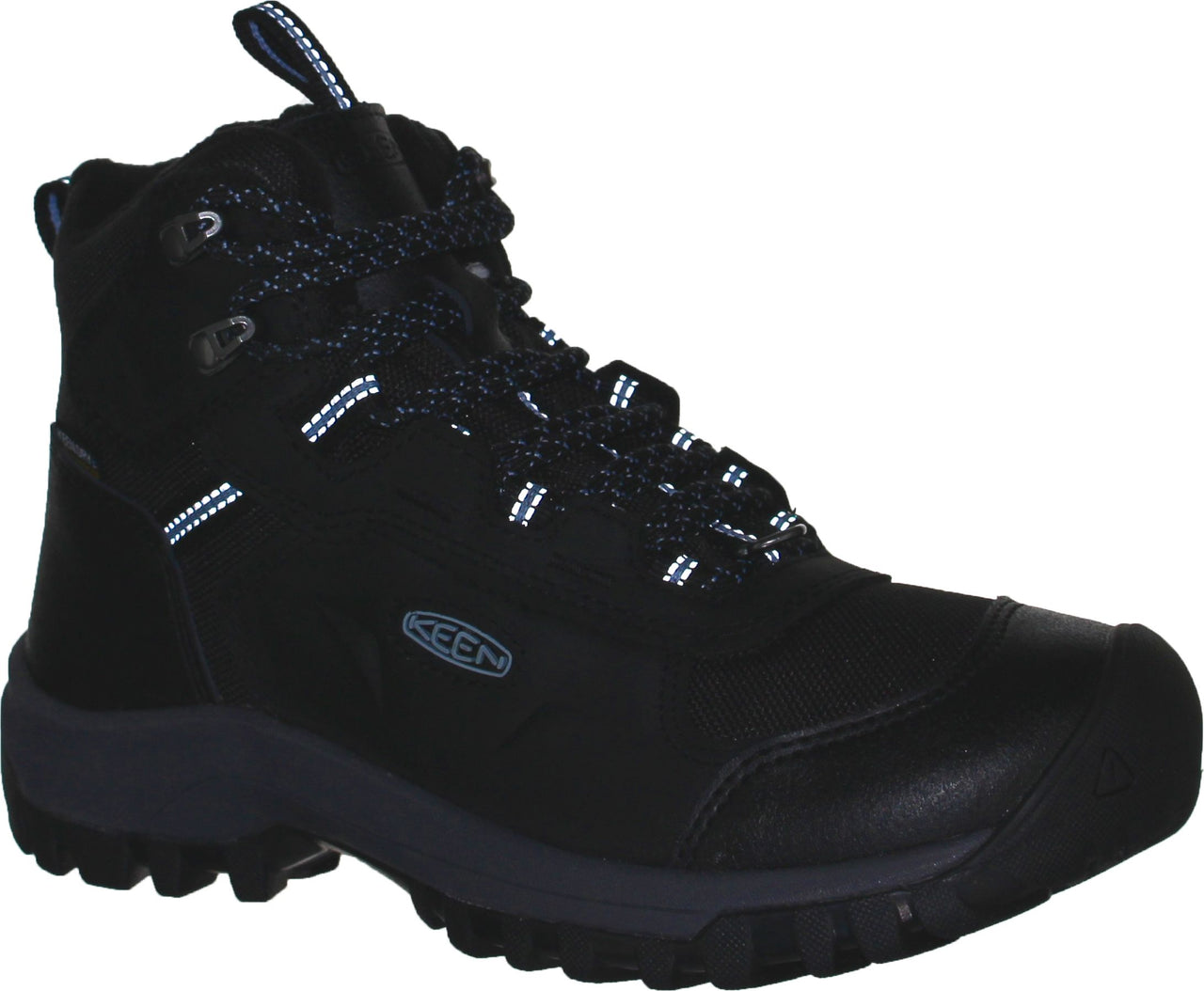 Black high-top hiking boot with reflective accents and blue laces.