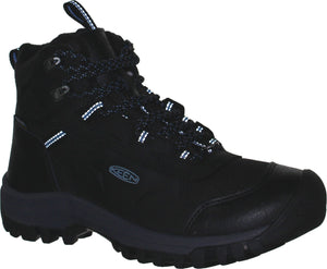 Black high-top hiking boot with reflective accents and blue laces.