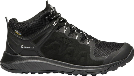 Black hiking boot with a high ankle, black and white laces, and a lug sole.
