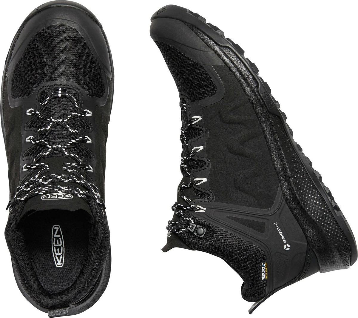 Top and side views of a black, low-cut hiking shoe with white speckled laces and KEEN logo.