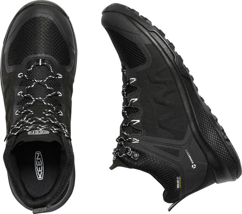 Top and side views of a black, low-cut hiking shoe with white speckled laces and KEEN logo.