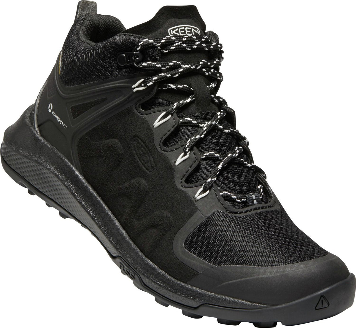 A black hiking boot with black and white shoelaces.