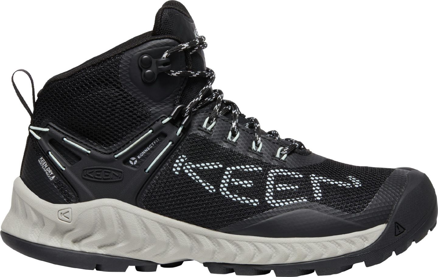 Black mesh hiking boot with "KEEN" printed on the side, gray sole and black and white laces.