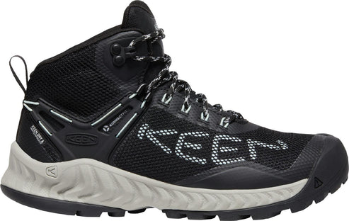 Black mesh hiking boot with "KEEN" printed on the side, gray sole and black and white laces.
