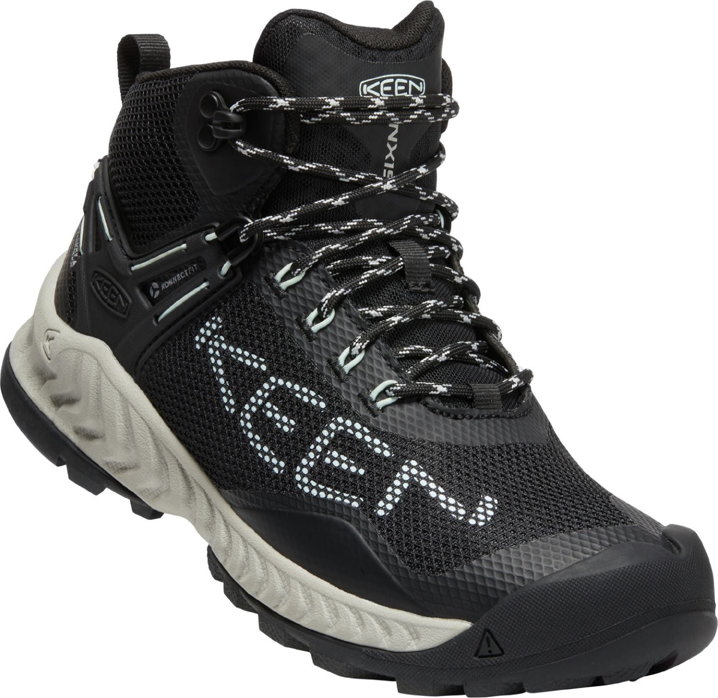 Black hiking boot with KEEN text design and white/black rope laces.