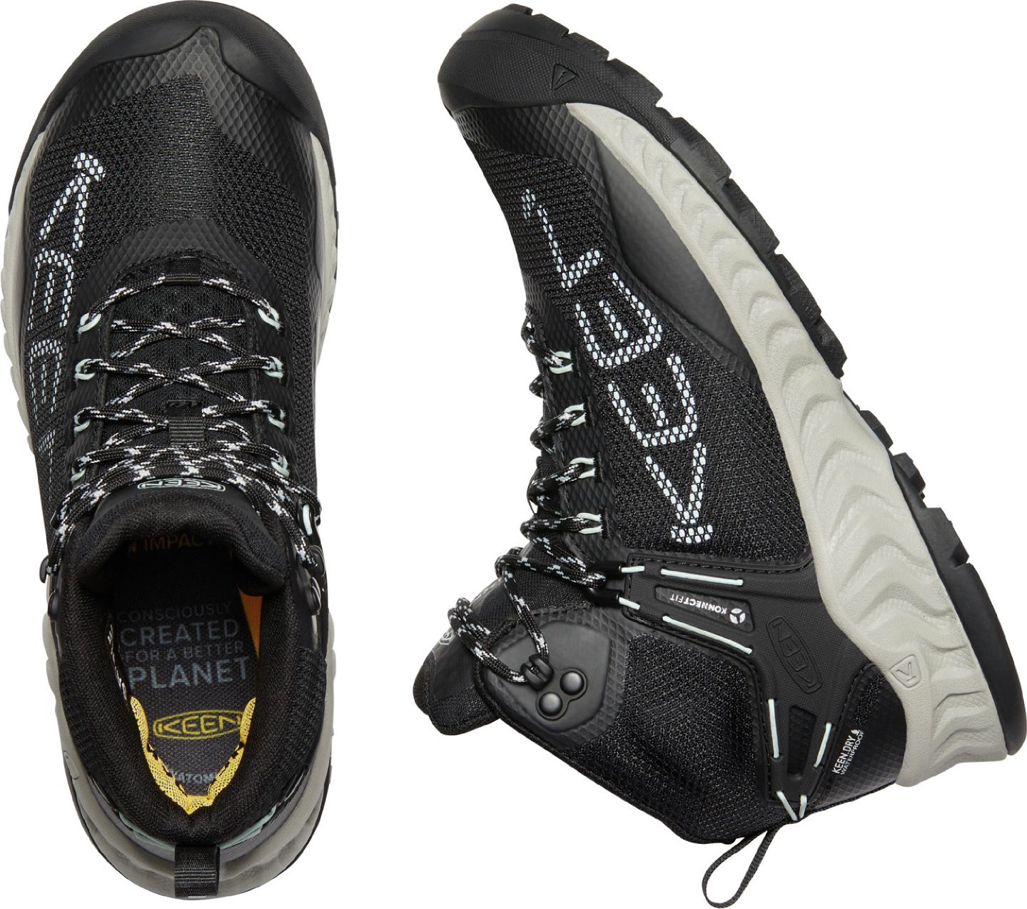 Two-angled view of a black hiking boot with a white sole and laces. The word "KEEN" is vertically displayed in white letters on the side of the boot.