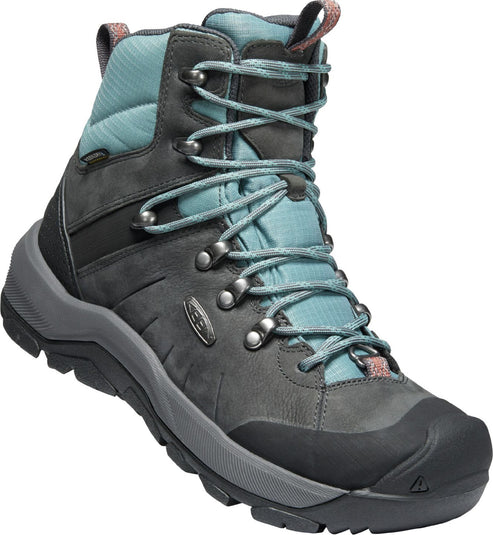 High top hiking boot with gray leather and light blue textile, gray sole and laces.