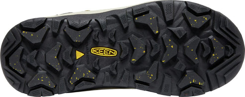 Bottom of a shoe with black tread and a yellow logo that reads "KEEN".