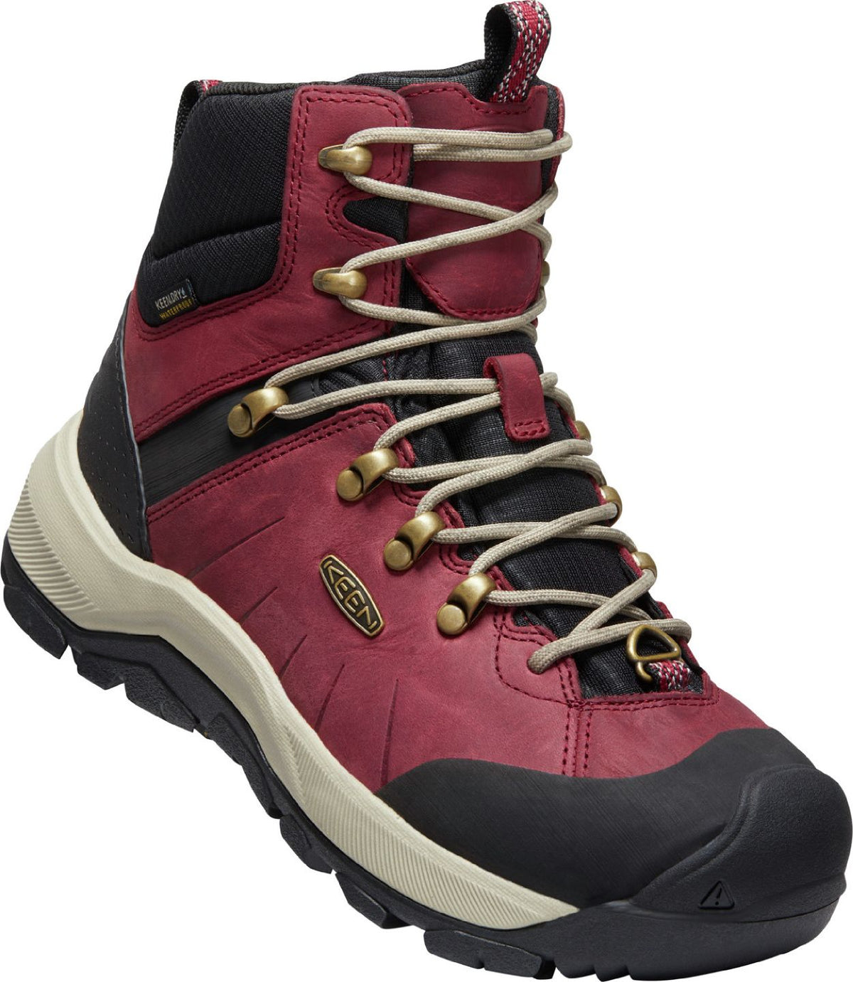 Maroon and black high-top hiking boot with cream-colored laces and a tan sole.