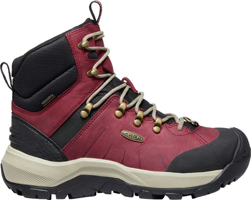 High-top hiking boot with a burgundy leather upper, black padded collar and toe cap, off-white midsole, and off-white laces.