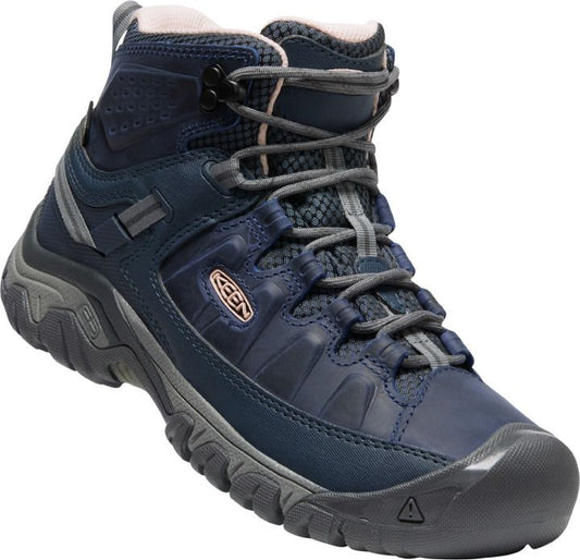 Navy blue waterproof hiking boot with gray laces and rugged outsole.