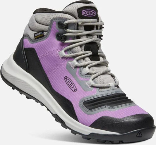 A mid-height lavender, black, white, and gray hiking boot with gray laces.