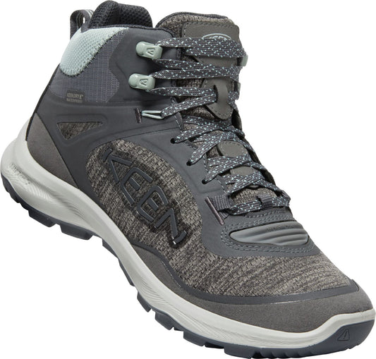 Gray mid-rise hiking shoe with patterned laces.