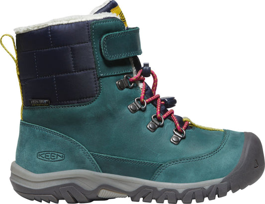 Green leather winter boot with dark blue quilted fabric at the top, grey sole and toe, red and blue laces and a green hook and loop fastener strap.