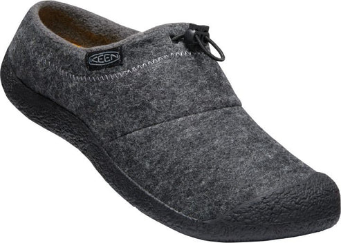 Gray felt slip-on shoe with black sole and elastic closure, featuring a visible tag.