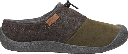 A slip-on shoe in dark brown and green with a gray sole and a small logo on the side.