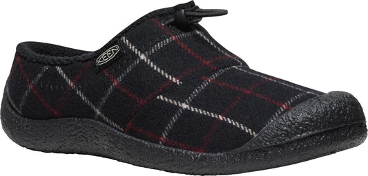 A black plaid slip-on shoe with a black sole and toe cap.