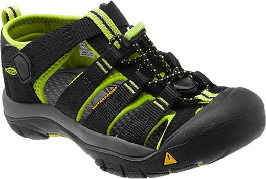 Black and green sport sandal with covered toe.