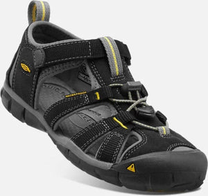 Black and grey closed-toe sandal with hook-and-loop straps and yellow accents.