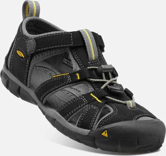 Black and grey closed-toe sandal with hook-and-loop straps and yellow accents.