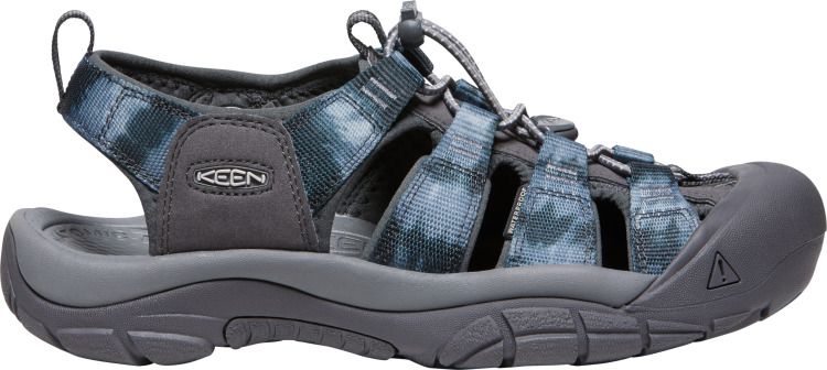 A gray sandal with tie-dye straps.