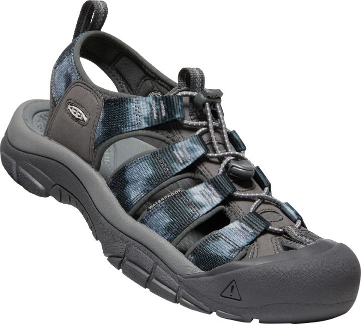 Gray and blue waterproof sandal with a closed toe and adjustable straps.