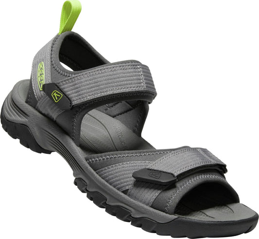 Gray sandal with velcro straps and a bright green heel loop.