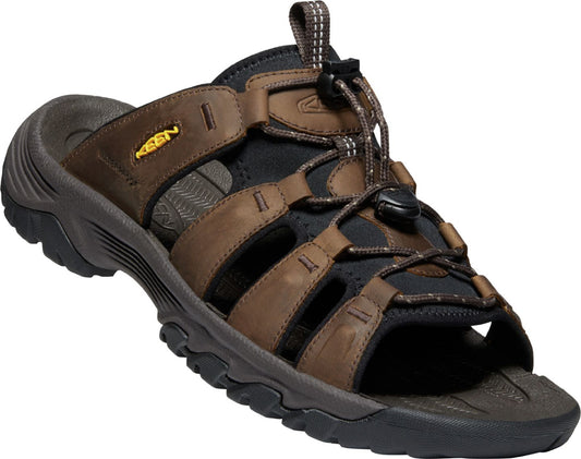 Brown leather sandal with open design and black accents.