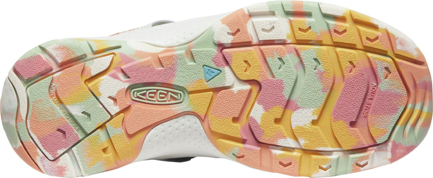 The shoe sole is pastel colors with a KEEN logo.