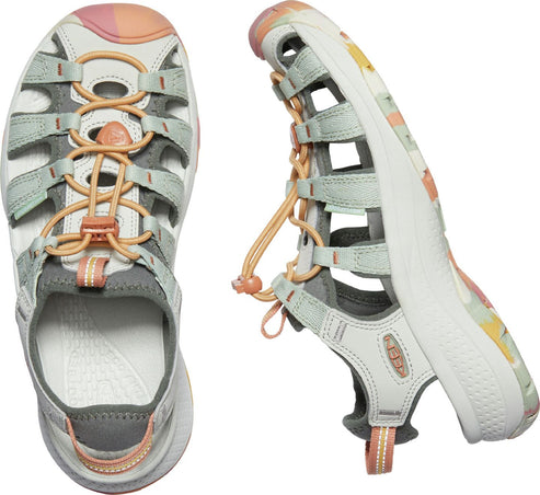 Two KEEN Whisper open-toe sandals with gray and light green accents and orange laces.