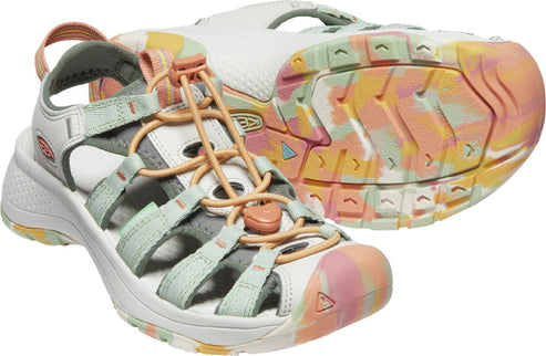 A pair of white sandals with pastel-colored soles. The sandal has adjustable light green straps and bungee-cord laces in peach.