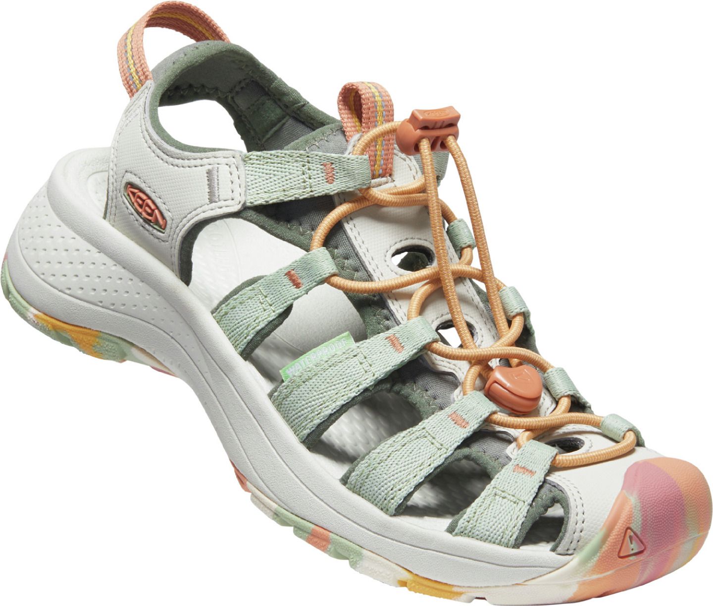 A sandal with a light gray footbed and white sole, adjustable peach cord laces, and light green straps.