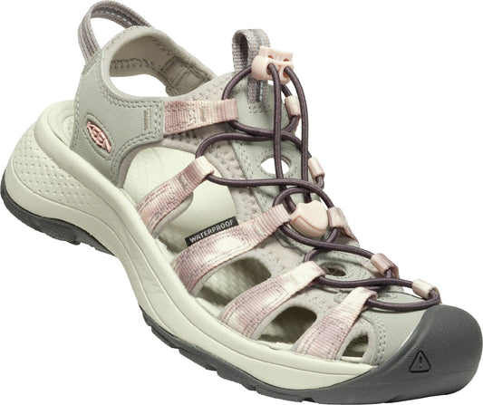 Gray waterproof sandal with pink straps, a toe cap and bungee cord laces.