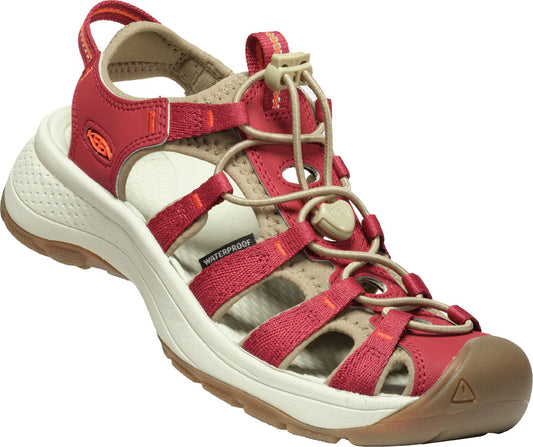 Red strappy sandal with beige lining, tan soles, and a brown toe cap.