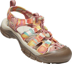 Open-toed sandal with multiple striped multicolor fabric straps, a brown rubber toe cap, and a beige sole.
