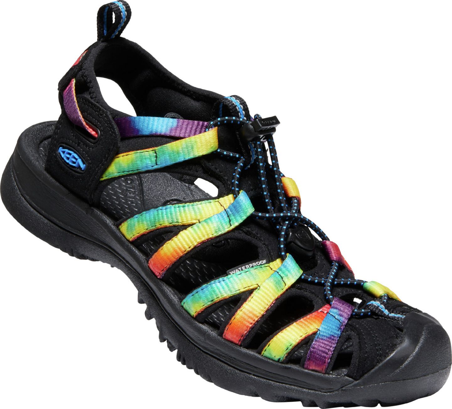 Black watershoe with waterproof rainbow tie-dye straps, a black sole, and a toggle lacing system.