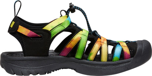 A black sandal with rainbow tie-dye textile straps, closed toe and adjustable elastic cord lace.