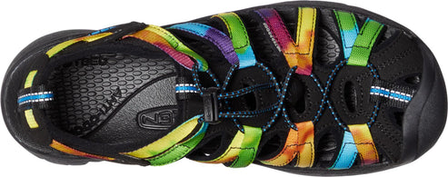 A multi-colored striped sandal with black accents and a black sole.
