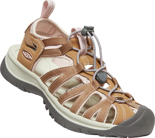 A brown and pink sandal with webbed straps and a gray sole.