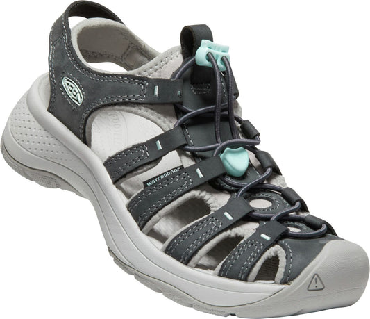 Gray waterproof sandal with cord lacing system and gray sole.