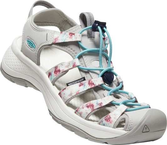 A women's gray and white waterproof sandal with floral straps and light blue bungee laces.