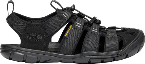 A black sport sandal with an adjustable elastic cord closure and a small yellow tag that reads "WATERPROOF".